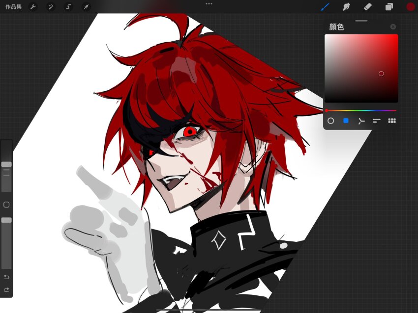 1boy, binxngchng1, black_hair, blood, blood_on_face, blood_splatter, hand_up, highres