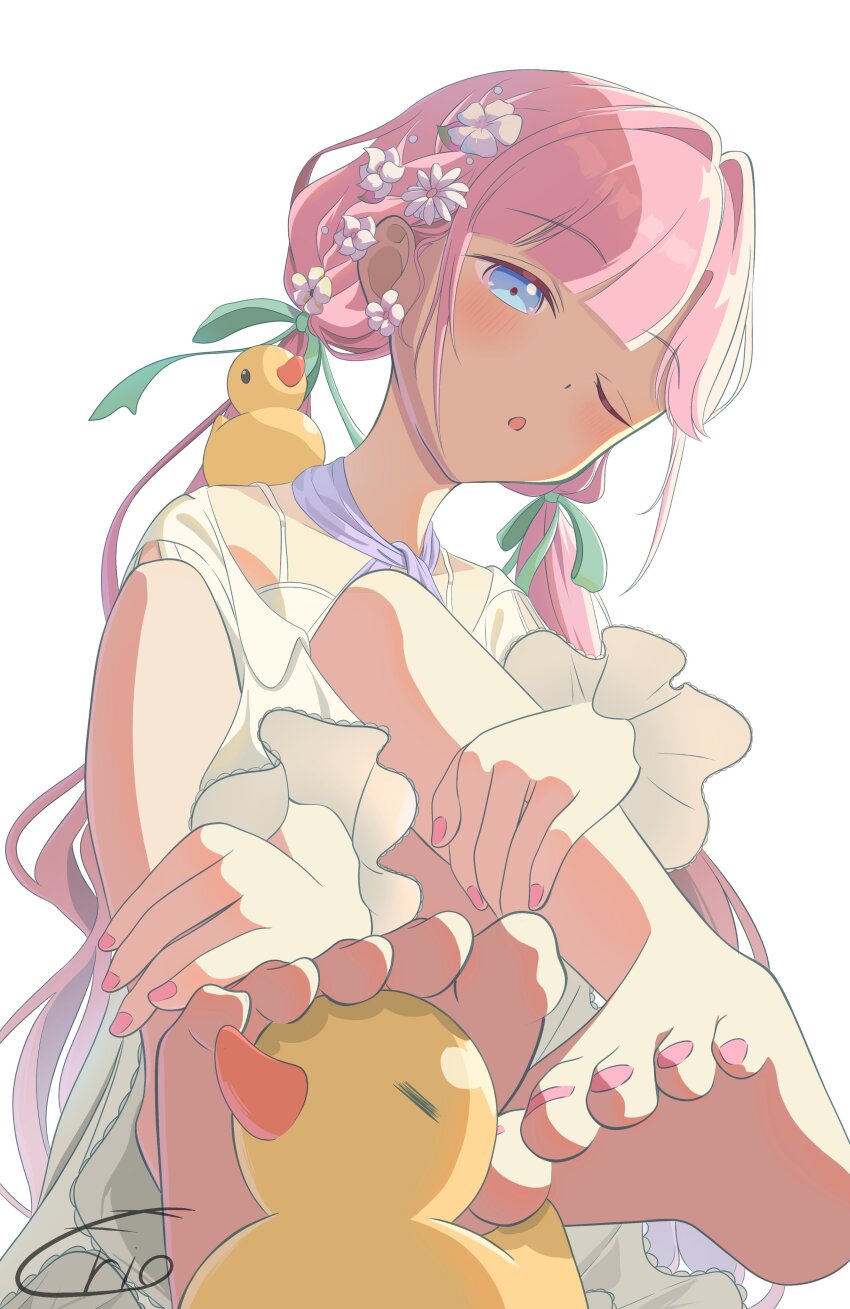1girl, absurdres, anyoji_hime, blue_eyes, blunt_bangs, blush, commentary, feet, flower, foot_focus, foot_on_another's_head, frilled_one-piece_swimsuit, frills, full_body, green_ribbon, hair_flower, hair_ornament, hair_ribbon, hands_on_own_legs, her-bath-rium, highres, link!_like!_love_live!, long_hair, looking_at_viewer, love_live!, low_twintails, morio_(mmorio_mu), nail_polish, official_alternate_costume, one-piece_swimsuit, pink_hair, pink_nails, ribbon, rubber_duck, sidelocks, signature, simple_background, soles, solo, swimsuit, toenail_polish, toenails, toes, twintails, virtual_youtuber, white_background, white_flower, white_one-piece_swimsuit
