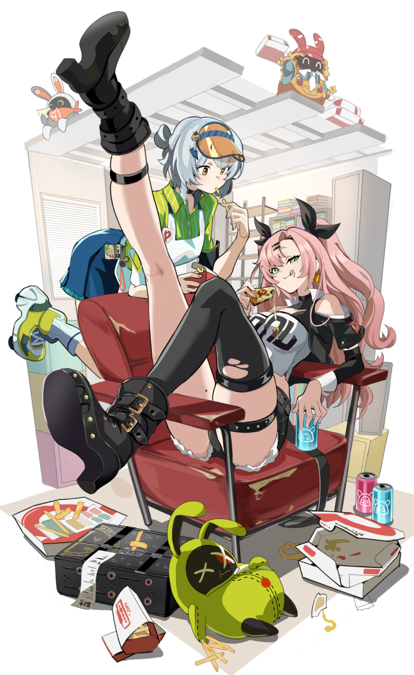 2girls, :q, amillion_(zenless_zone_zero), anby_demara, anby_demara_(operation_yum_2025), bangboo_(zenless_zone_zero), bare_shoulders, black_boots