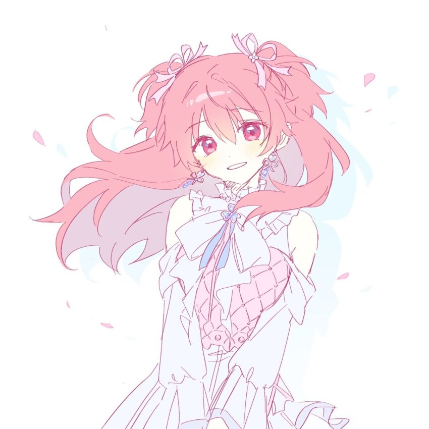 1girl, bare_shoulders, blush, detached_sleeves, dot_nose, dress, earrings, floating_hair