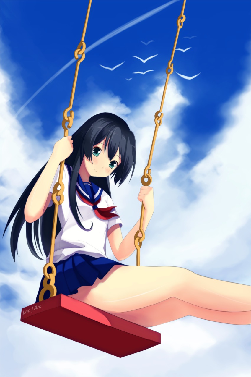 1girl, bad_id, bad_pixiv_id, black_hair, female_focus, green_eyes, highres, legs