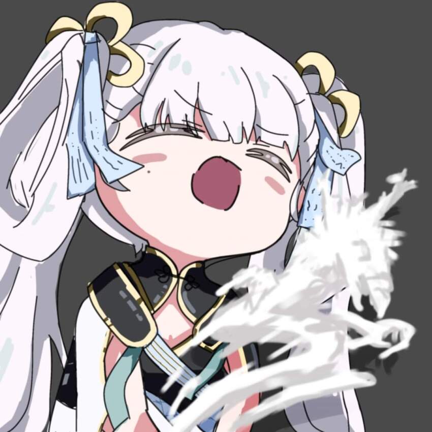 1girl, aqua_bow, ayanami_barrage_(meme), black_collar, blush_stickers, bow, closed_eyes, collar, commentary, dragon, english_commentary, grey_background, jinhsi_(wuthering_waves), jue_(wuthering_waves), kuro_memez, long_hair, meme, mole, mole_on_cheek, open_mouth, parted_lips, sexually_suggestive, simple_background, solo, twintails, upper_body, white_hair, wuthering_waves