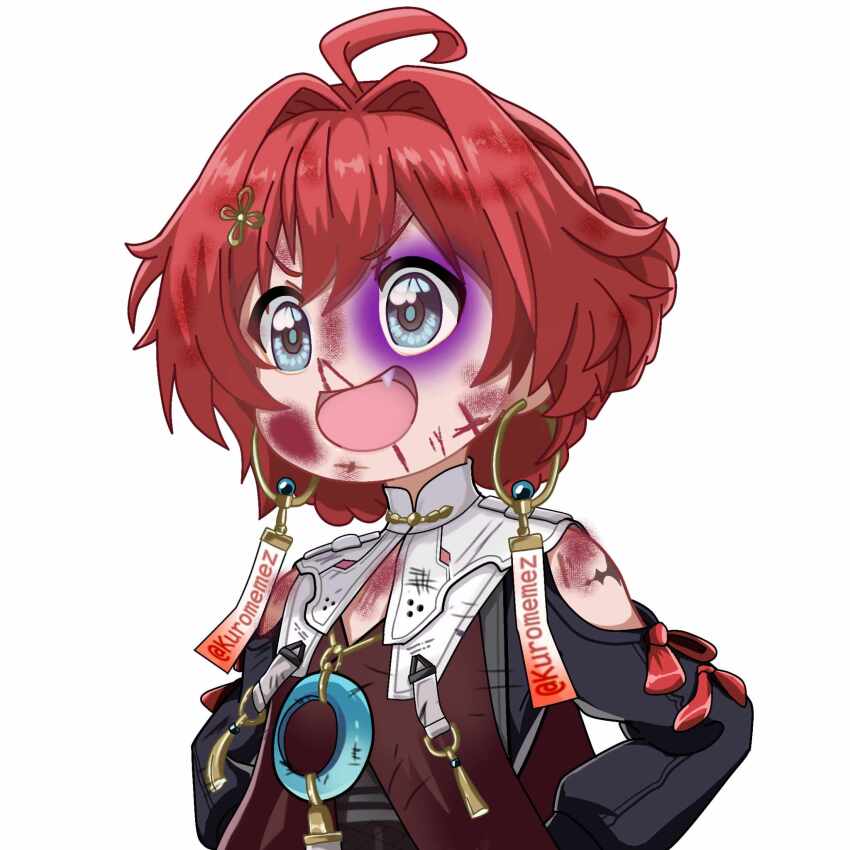 1girl, ahoge, artist_name, blood, blood_on_face, blue_eyes, bruise, clothing_cutout