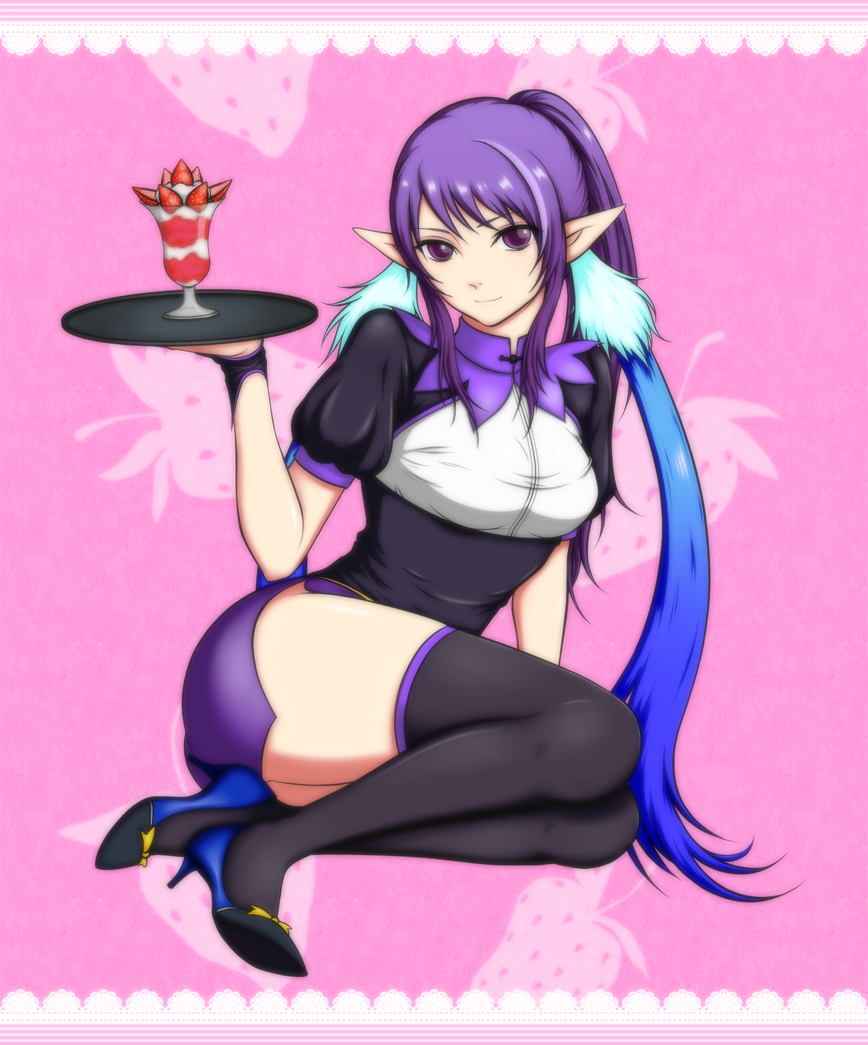 00s, 1girl, black_thighhighs, blue_hair, female_focus, food, fruit, full_body