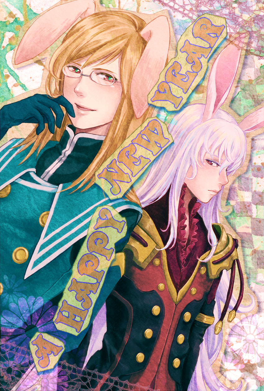 00s, 2boys, animal_ears, duke_pantarei, glasses, highres, in-franchise_crossover, jade_curtiss, jarako_(gaillardia), male_focus, multiple_boys, new_year, rabbit_ears, red_eyes, tales_of_(series), tales_of_the_abyss, tales_of_vesperia