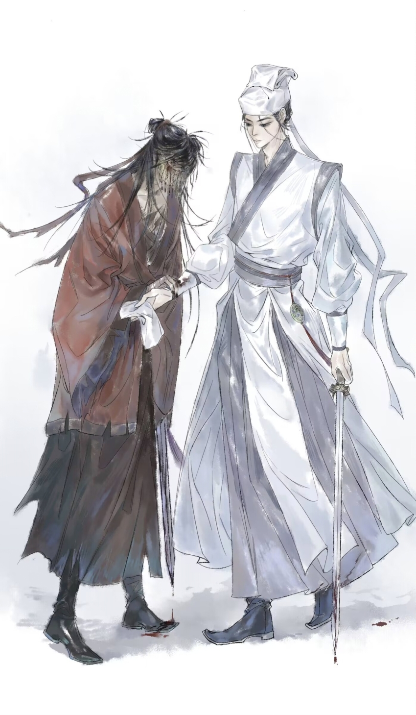 2boys, bandaged_hand, bandages, black_boots, black_eyes, black_hair, black_hanfu, black_nails