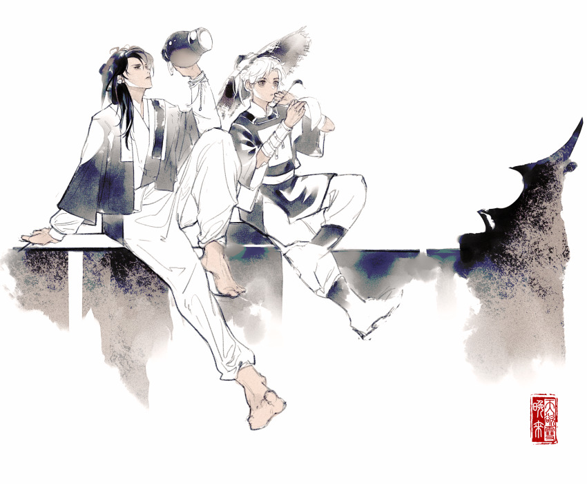 2boys, arm_support, barefoot, boots, calligraphy_brush, chinese_clothes, chinese_commentary, closed_mouth, ding_tao, full_body, gu_jin, hanfu, hat, highres, holding, holding_calligraphy_brush, holding_jug, holding_paintbrush, holding_paper, limited_palette, long_hair, long_sleeves, looking_at_object, male_focus, multiple_boys, paintbrush, pants, paper, partially_colored, qiang_jin_jiu, rice_hat, sitting, spiderthread, topknot, wide_sleeves, yuanlingpao