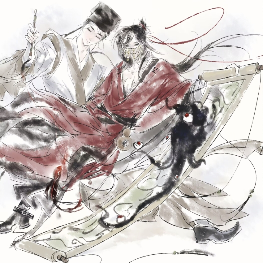 2boys, bandaged_arm, bandages, black_eyes, black_hair, black_hat, black_shoes, calligraphy_brush