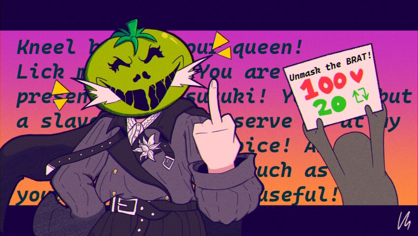 1girl, absurdres, belt, border, coat, english_text, female_focus, filthyhector