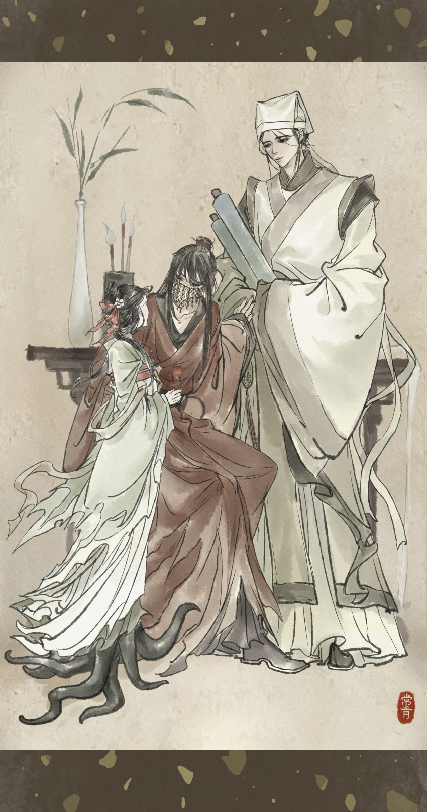 1girl, 2boys, absurdres, black_boots, black_eyes, black_hair, boots, calligraphy_brush