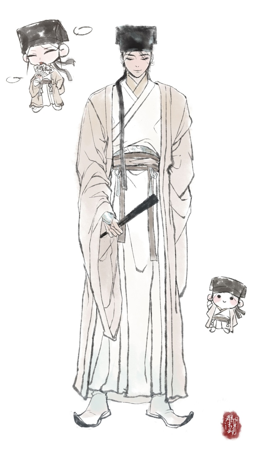 1boy, ^_^, absurdres, black_hair, black_hat, blank_speech_bubble, boots, brown_coat