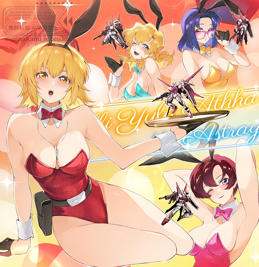 4girls, animal_ear_hairband, animal_ears, aqua_bow, aqua_bowtie, aqua_leotard, artist_name, asagi_caldwell