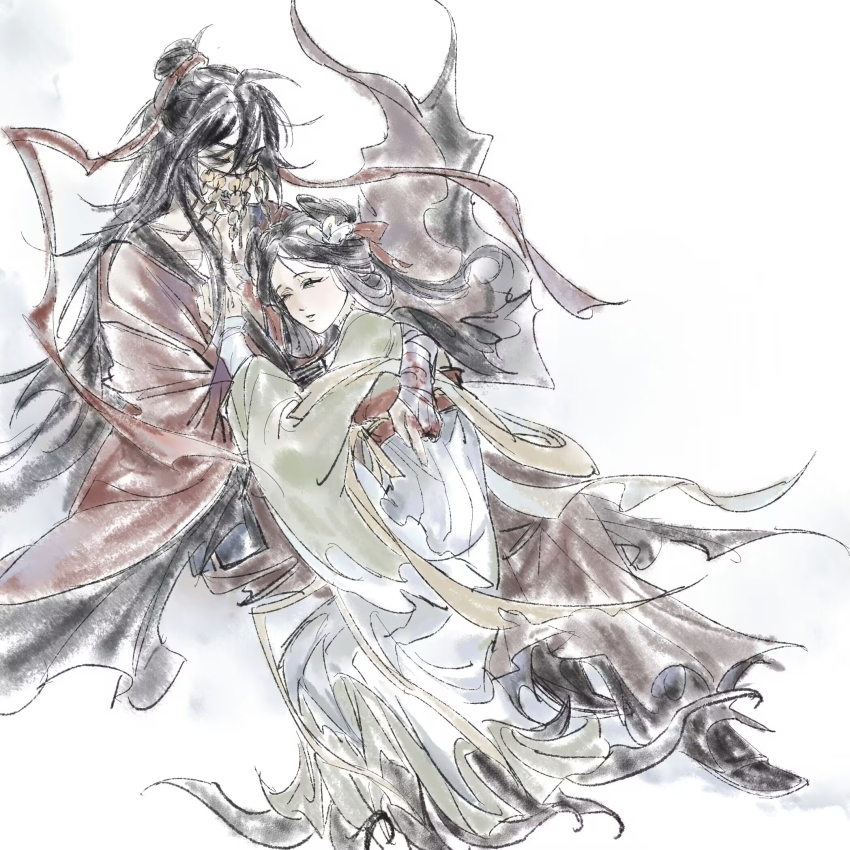 1boy, 1girl, bandaged_arm, bandaged_hand, bandages, black_boots, black_hair, black_hanfu