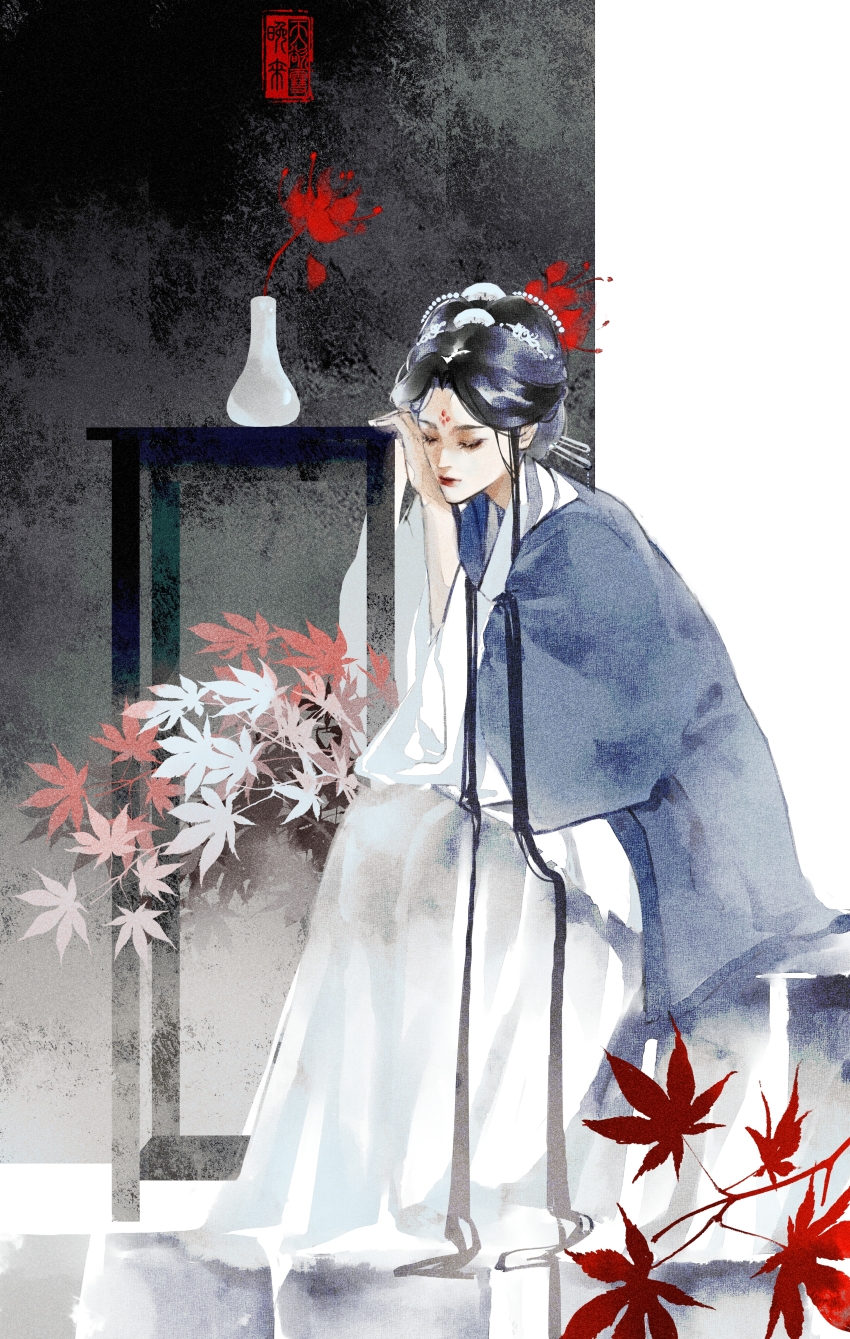 1girl, absurdres, black_hair, blue_robe, chinese_clothes, chinese_commentary, closed_eyes, closed_mouth, flower, hair_bun, hair_ornament, hair_stick, hand_on_table, hanfu, highres, hua_xiangyi, huadian, leaf, lipstick, long_hair, long_sleeves, makeup, qiang_jin_jiu, red_flower, red_lips, robe, sitting, solo, spider_lily, spiderthread, table, vase, very_long_hair, white_hanfu, wide_sleeves