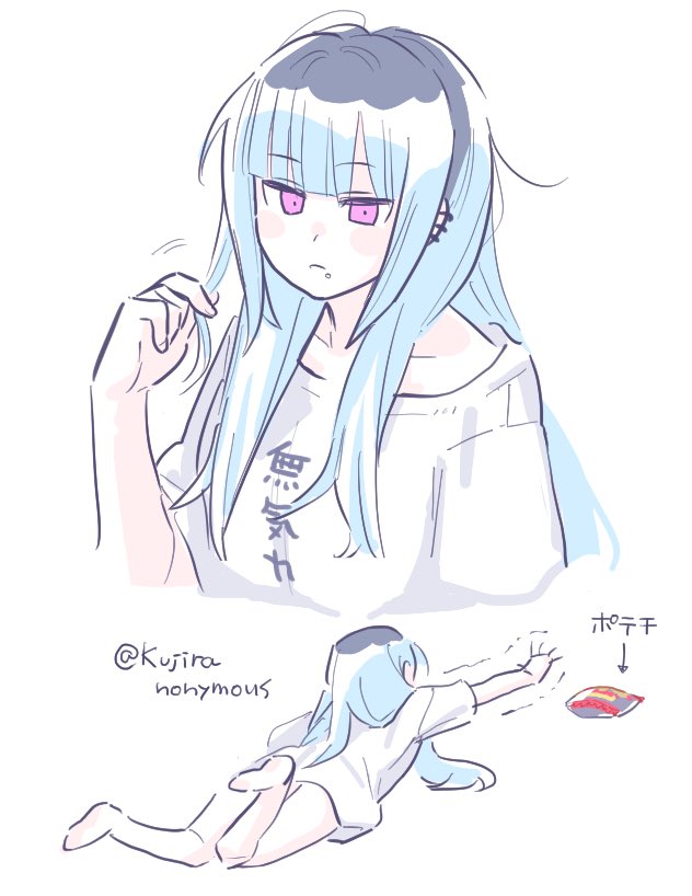 1girl, 2koma, alternate_costume, amemiya_darumi, barefoot, black_hair, blue_hair, blunt_bangs
