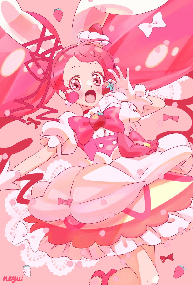 1girl, animal_ears, blush, boots, cure_whip, dress, food, frilled_dress