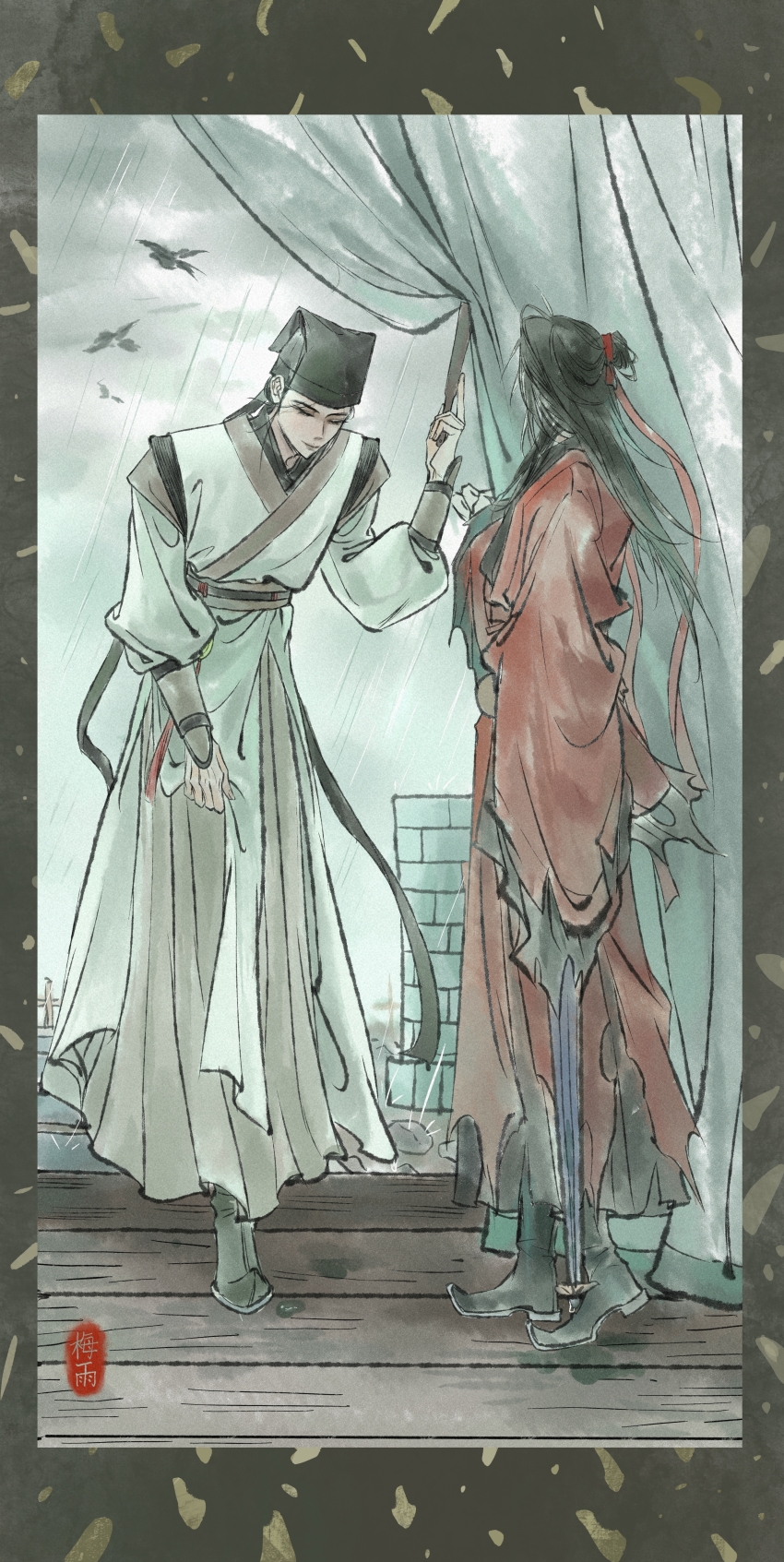 2boys, absurdres, bird, black_boots, black_hair, black_hat, boots, border