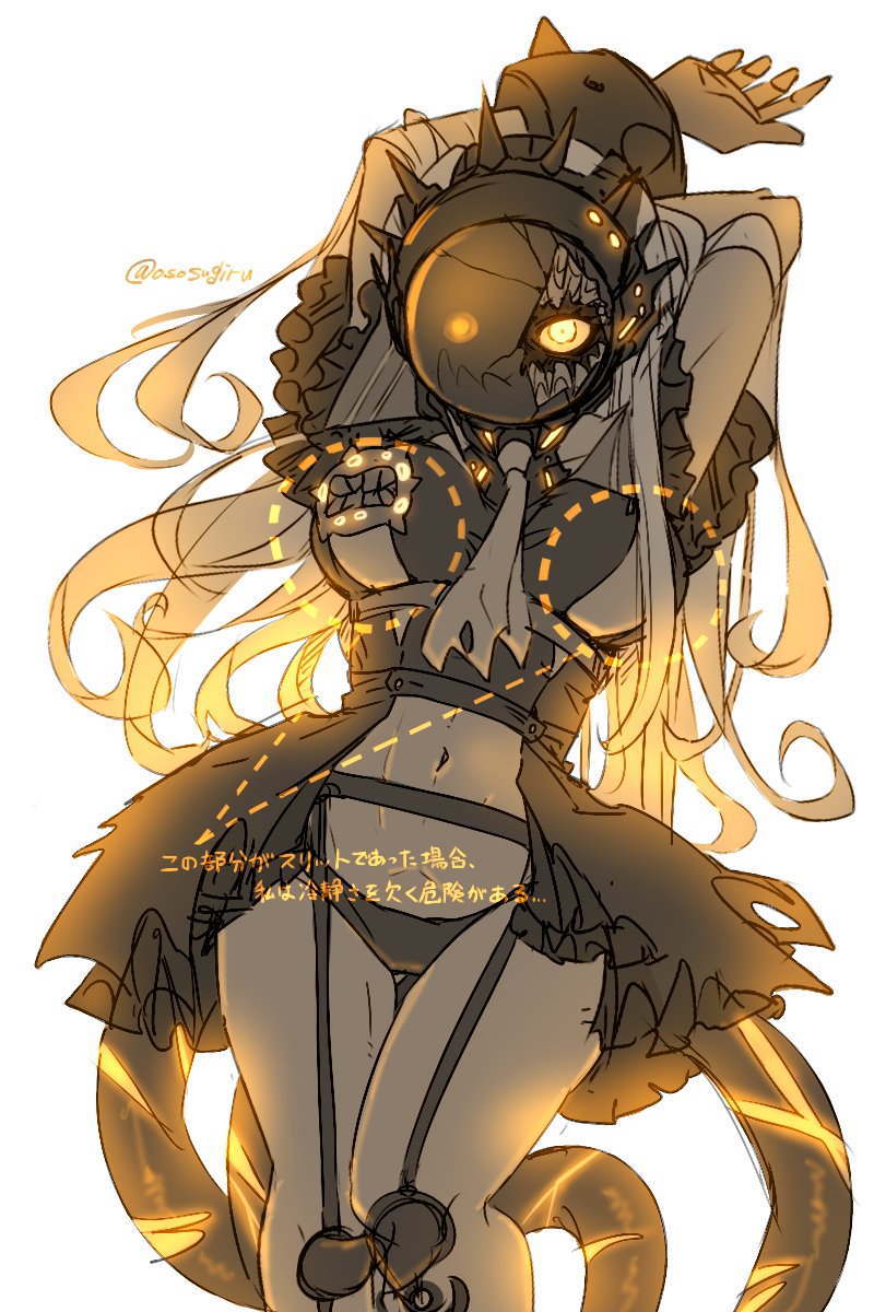 1girl, abyssal_ship, arms_behind_head, arms_up, black_dress, black_panties, breasts, colored_skin