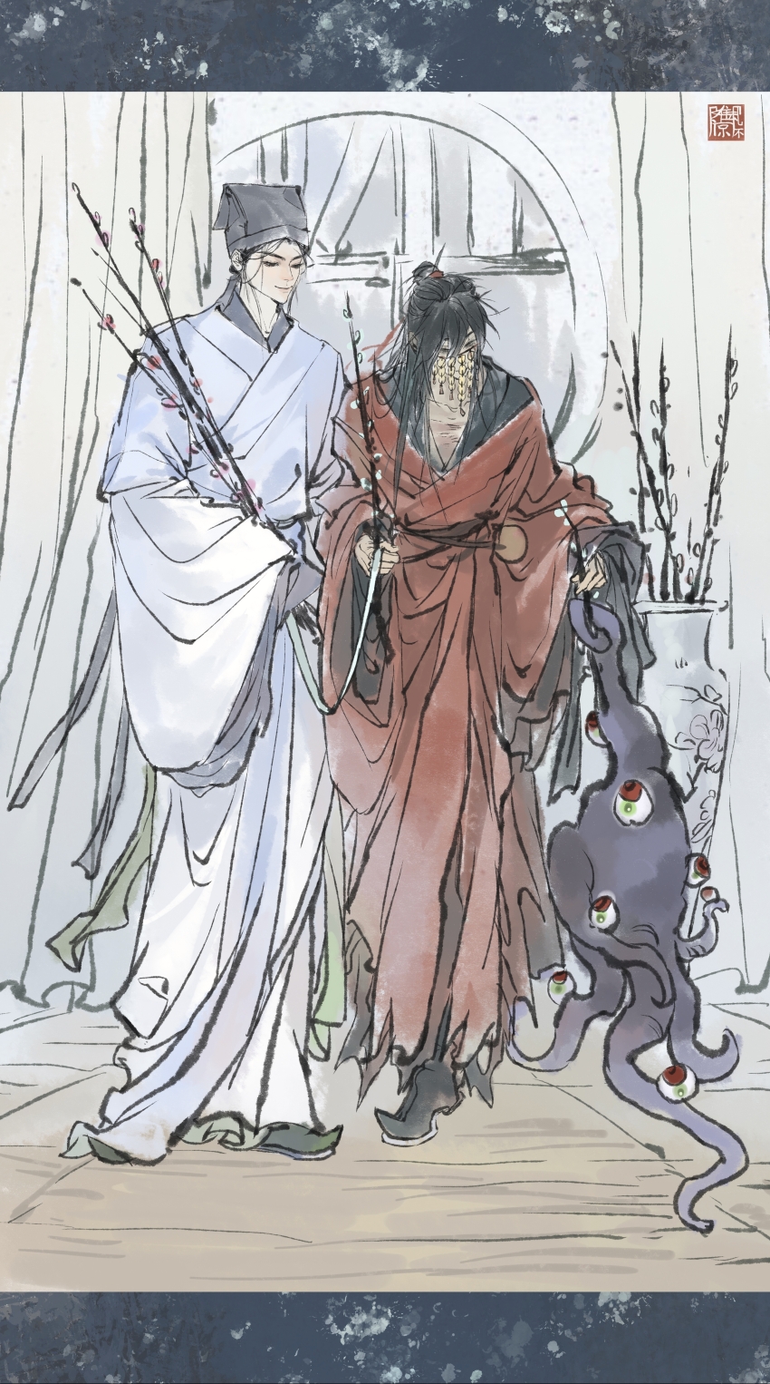 2boys, absurdres, black_boots, black_eyes, black_hair, black_hat, boots, branch, chinese_clothes, chinese_commentary, chumo-qulingxiao, closed_mouth, coin, coin_mask, covered_mouth, creature, curtains, dao_gui_yi_xian, eyeball, faux_traditional_media, flower, full_body, gourd, hair_bun, hair_ribbon, half_updo, hanfu, hat, highres, holding, holding_branch, holed_coin, indoors, ink_wash_painting, jin_(headwear), li_huowang, li_sui_(tentacles), long_hair, looking_at_another, male_focus, mask, mouth_veil, multiple_boys, red_hanfu, red_ribbon, ribbon, robe, scar, scar_on_chest, seal_impression, single_hair_bun, smile, standing, tentacles, updo, vase, veil, white_hanfu, window, yaoi, zhongguo_hua, zhouzi_jin_(headwear), zhuge_yuan