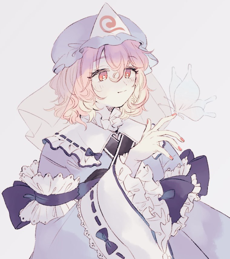 1girl, blue_hat, blue_kimono, blush, bug, butterfly, butterfly_on_hand, closed_mouth, commentary, grey_background, hat, insect, japanese_clothes, kimono, long_sleeves, mob_cap, pink_eyes, pink_hair, pink_nails, r9nr9, saigyouji_yuyuko, sash, simple_background, solo, touhou, triangular_headpiece, upper_body, wide_sleeves