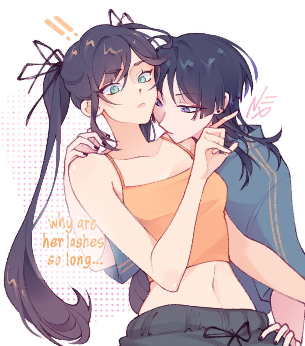 !, !!, 2girls, alternate_costume, alternate_hair_length, alternate_hairstyle, aqua_eyes, aqua_shirt, black_hair, black_nails, blunt_ends, camisole, casual, choppy_bangs, closed_mouth, collarbone, colored_tips, contemporary, cropped_shirt, drawstring, earrings, english_text, eyelashes, eyeliner, eyeshadow, genderswap, genderswap_(mtf), genshin_impact, gold_trim, grey_pants, hair_tie, hand_on_another's_hip, hand_on_another's_shoulder, hand_up, heads_together, jewelry, long_hair, looking_at_another, looking_at_viewer, makeup, midriff, mona_(genshin_impact), multicolored_hair, multiple_girls, navel, nxomii_herx, pants, parted_bangs, pink_lips, purple_hair, red_eyeliner, red_eyeshadow, scaramouche_(genshin_impact), shirt, sidelocks, tsurime, twintails, yellow_camisole