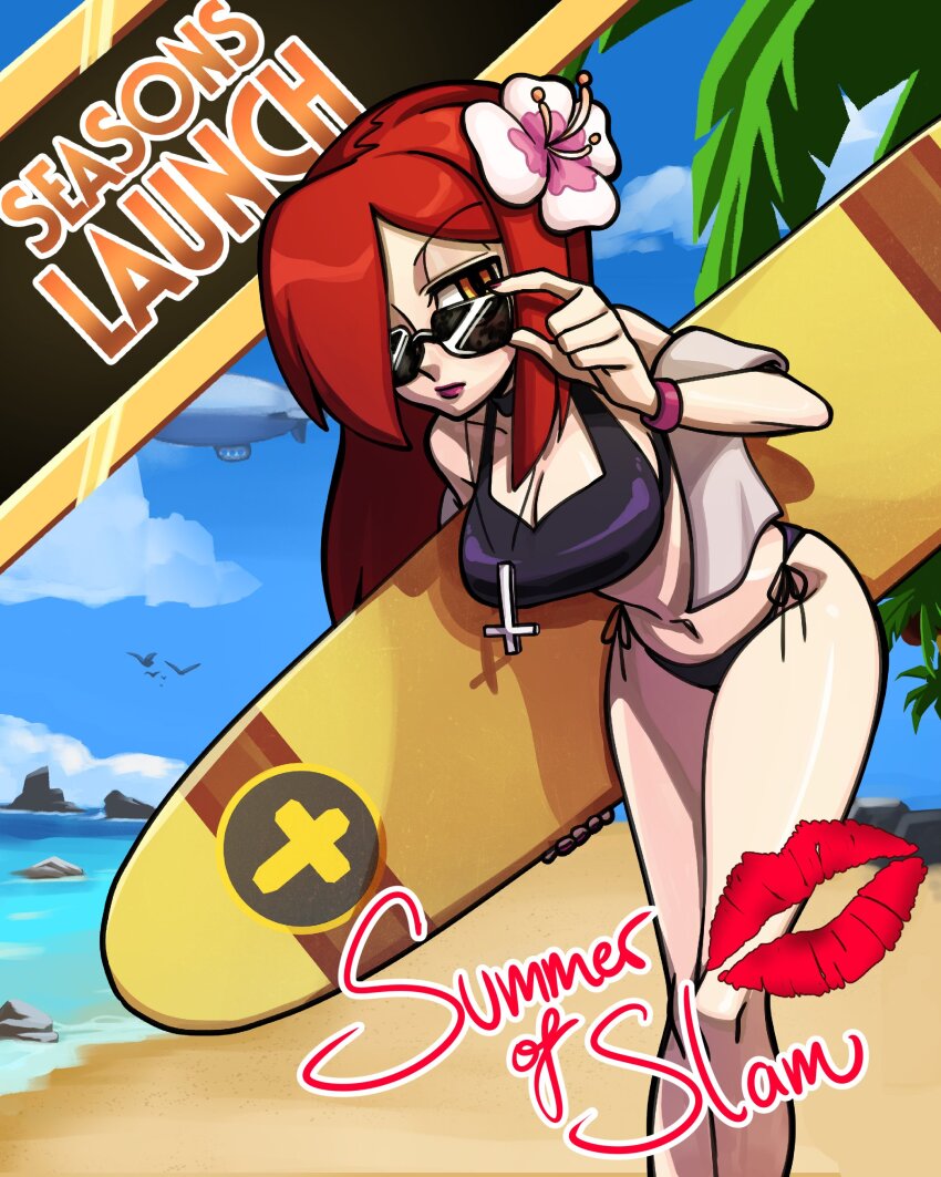 1girl, absurdres, adjusting_eyewear, aircraft, alternate_costume, beach, bikini, blimp