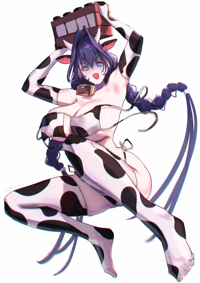 1girl, absurdres, alternate_costume, animal_ears, animal_print, armpits, arms_up, bell, bikini, black_hair, blue_eyes, bottle, braid, breasts, cow_ears, cow_horns, cow_print, cow_print_bikini, cow_print_gloves, cow_print_thighhighs, elbow_gloves, erasorpepero, feet, gloves, hair_intakes, highres, holding_crate, hololive, hololive_english, horns, huge_breasts, long_hair, looking_at_viewer, low_twin_braids, milk_bottle, neck_bell, open_mouth, ouro_kronii, print_bikini, print_gloves, print_thighhighs, simple_background, solo, sweat, swimsuit, thighhighs, twin_braids, virtual_youtuber, white_background