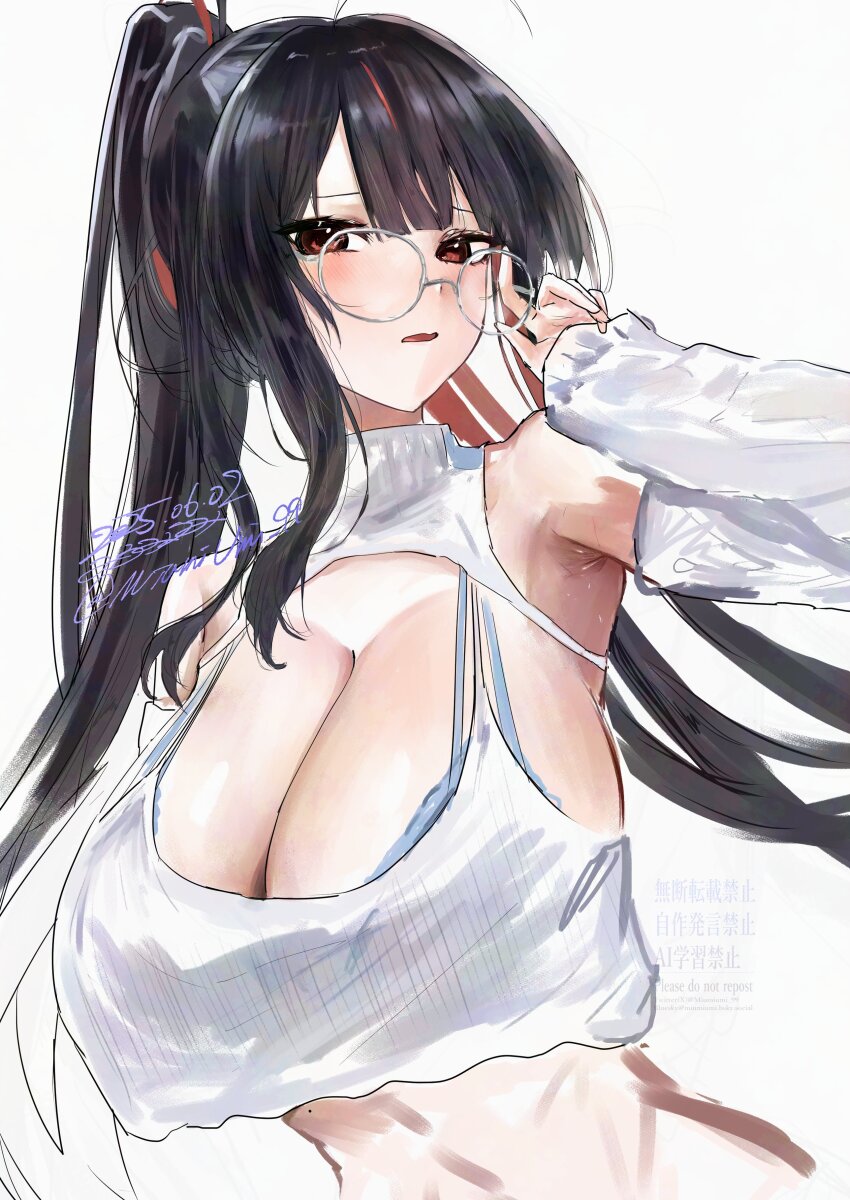 1girl, absurdres, adjusting_eyewear, ahoge, armpit_peek, black_hair, blunt_bangs, bra_visible_through_clothes