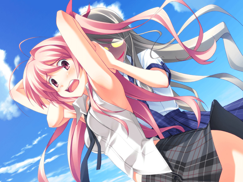 2girls, antenna_hair, armpits, arms_up, bare_hips, black_necktie, black_skirt, blush