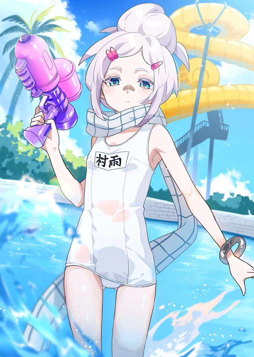 1girl, absurdres, blue_eyes, breasts, closed_mouth, commentary_request, deux_murasame, freckles