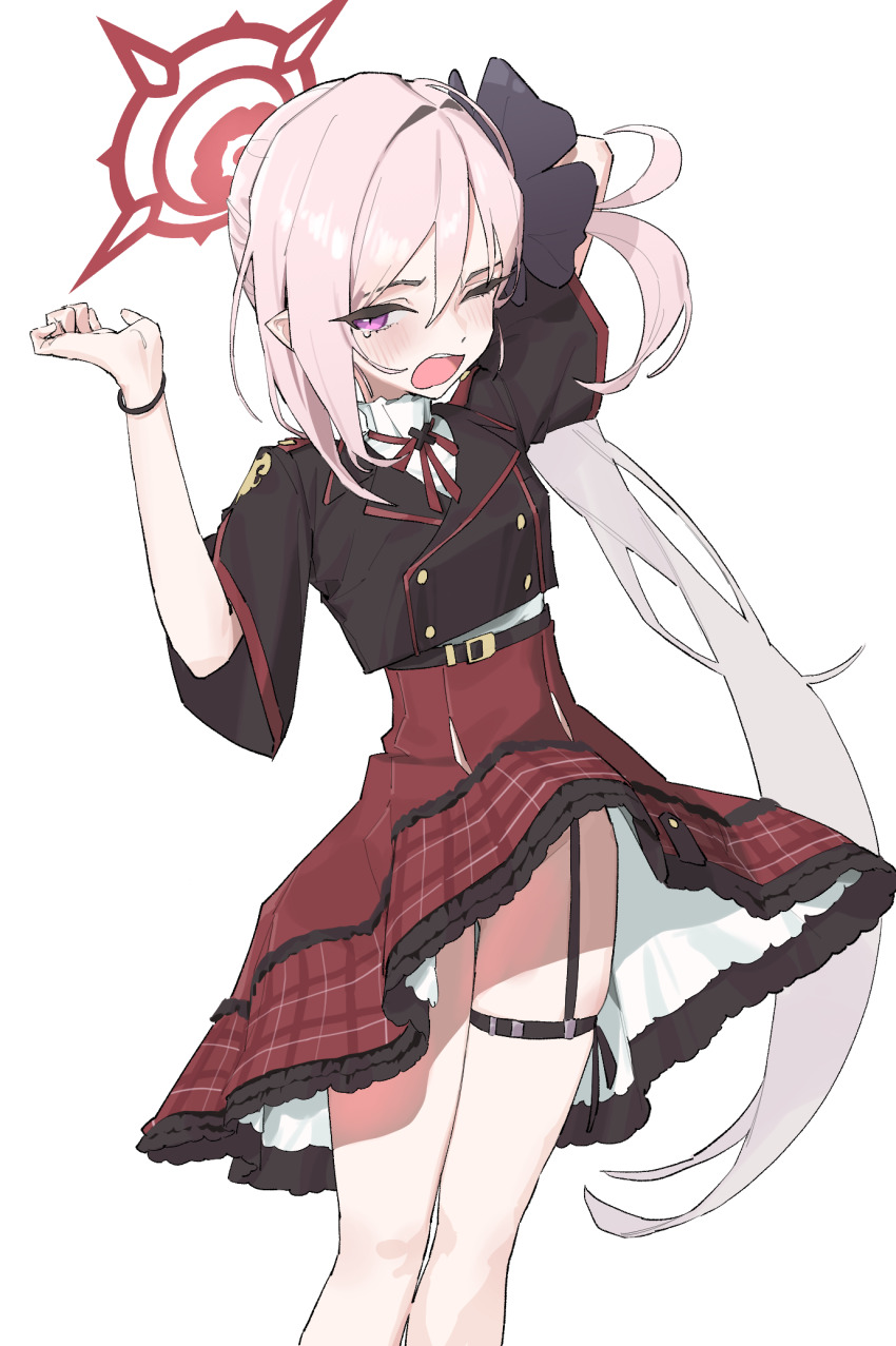 1girl, arms_up, black_shirt, blue_archive, commentary_request, feet_out_of_frame, garter_straps, halo, highres, kiyoung_park, korean_commentary, long_hair, looking_at_viewer, mutsuki_(blue_archive), no_panties, one_eye_closed, open_mouth, pink_hair, pointy_ears, purple_eyes, red_halo, red_skirt, shirt, side_ponytail, simple_background, skirt, solo, thigh_strap, white_background, yawning