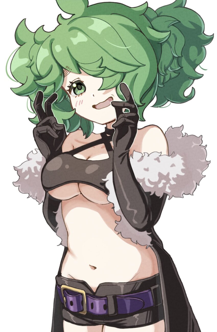 1girl, :d, black_shorts, breasts, cowboy_shot, dark_hunter, dark_hunter_(sekaiju), dark_hunter_5