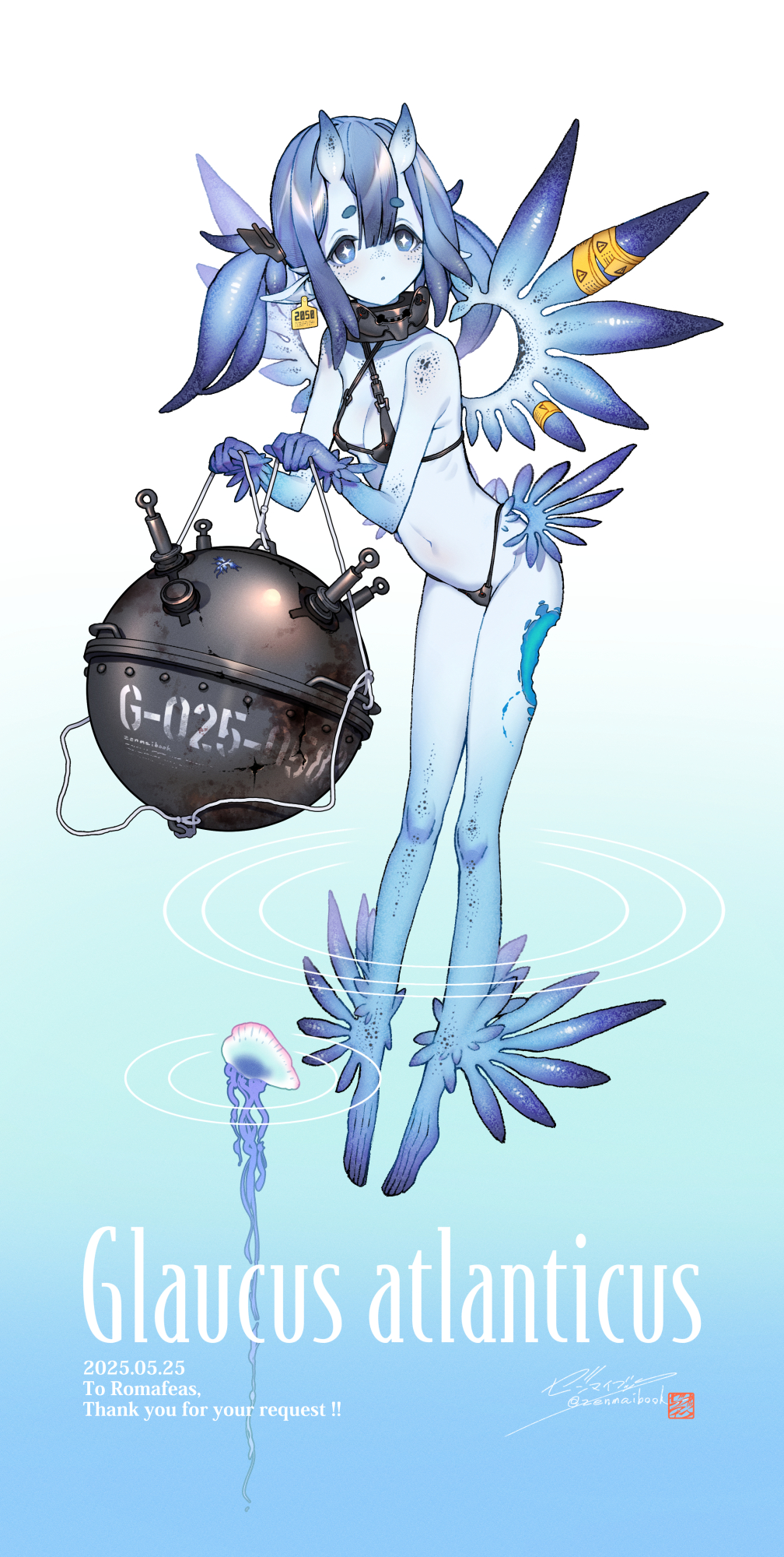 1girl, bikini, black_bikini, blue_eyes, blue_hair, blue_skin, breasts, caution_tape, colored_skin, commission, ear_tag, english_text, explosive, full_body, glaucid, highres, mine_(weapon), naval_mine, navel, original, pointy_ears, portuguese_man_o'_war, sea_slug_girl, skeb_commission, small_breasts, solo, swimsuit, tentacle_hair, tentacles, zenmaibook