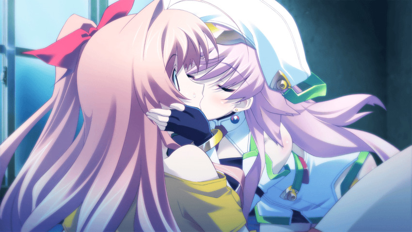 2girls, ass_blush, bandeau, bare_hips, beads, bent_over, black_bandeau, black_gloves