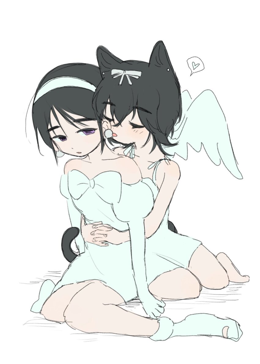 2girls, alien_stage, animal_ears, arms_around_another's_waist, bare_shoulders, barefoot, black_hair, cat_ears