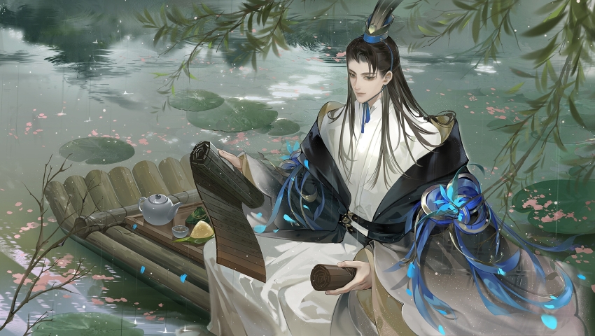 1boy, bamboo_slips, black_eyes, black_robe, blue_flower, blue_hairband, blue_ribbon, brown_hair