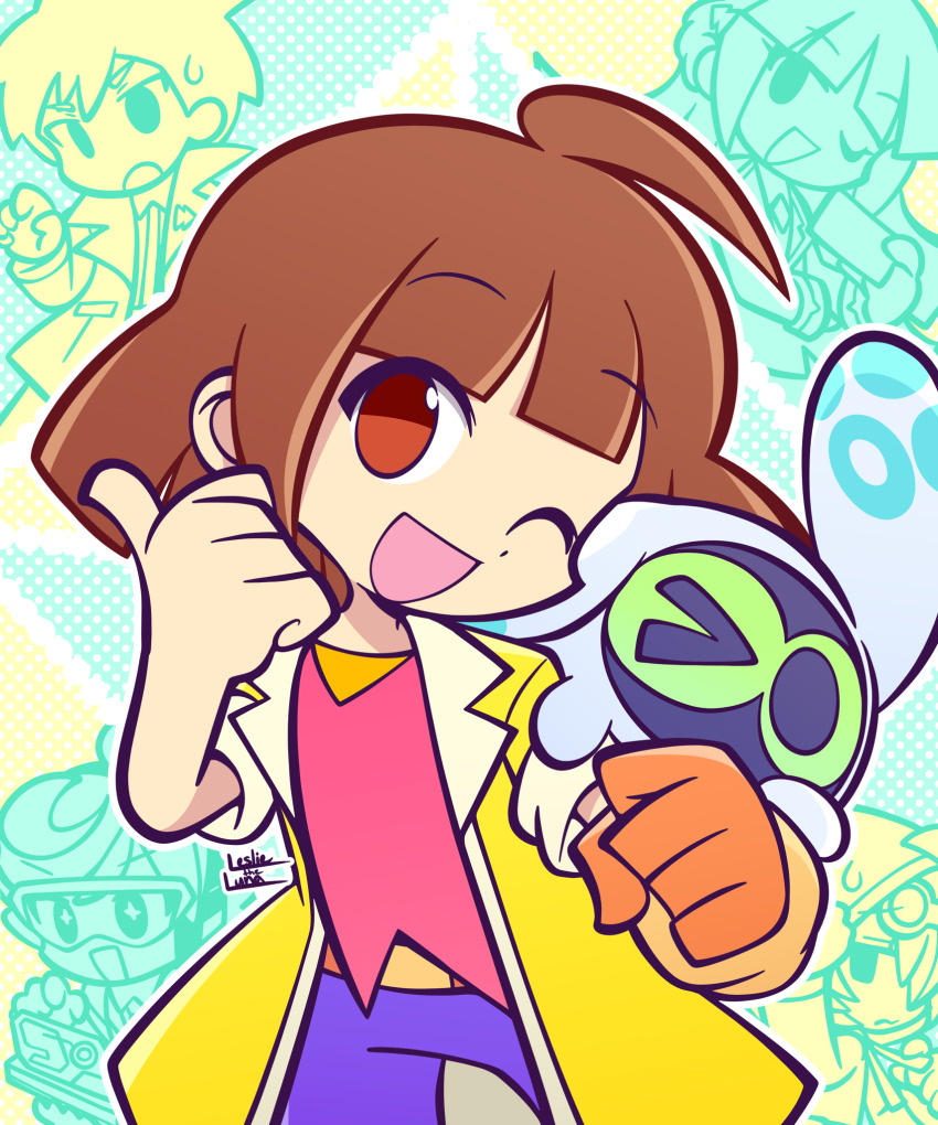 2girls, 3boys, ;d, ahoge, aqua_background, atari_(puyopuyo), belt, blunt_bangs