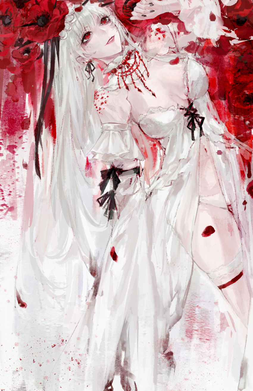 1girl, absurdres, breasts, catvnuf, coquelic_(path_to_nowhere), dress, flower, hair_flower