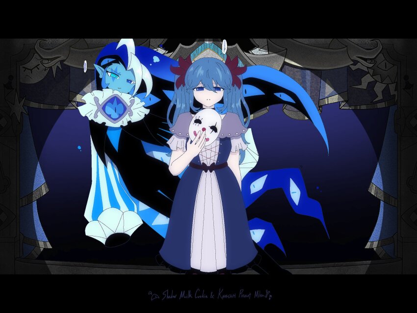 1boy, 1girl, aqua_eyes, aqua_hair, blue_eyes, blue_hair, blue_skin, brooch