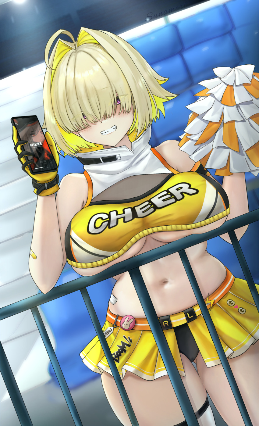1girl, absurdres, ahoge, blonde_hair, blush, breasts, cheerleader, crop_top