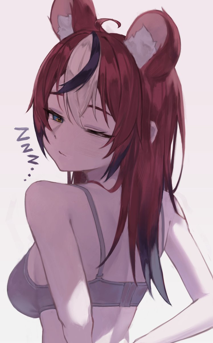 animal_ears, arms_behind_back, black_hair, bongk, bra, breasts, hakos_baelz, highres