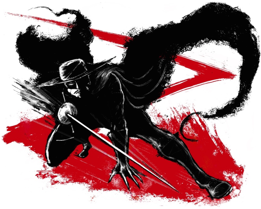 1boy, cape, commentary, dougsq, eye_mask, facial_hair, full_body, gloves