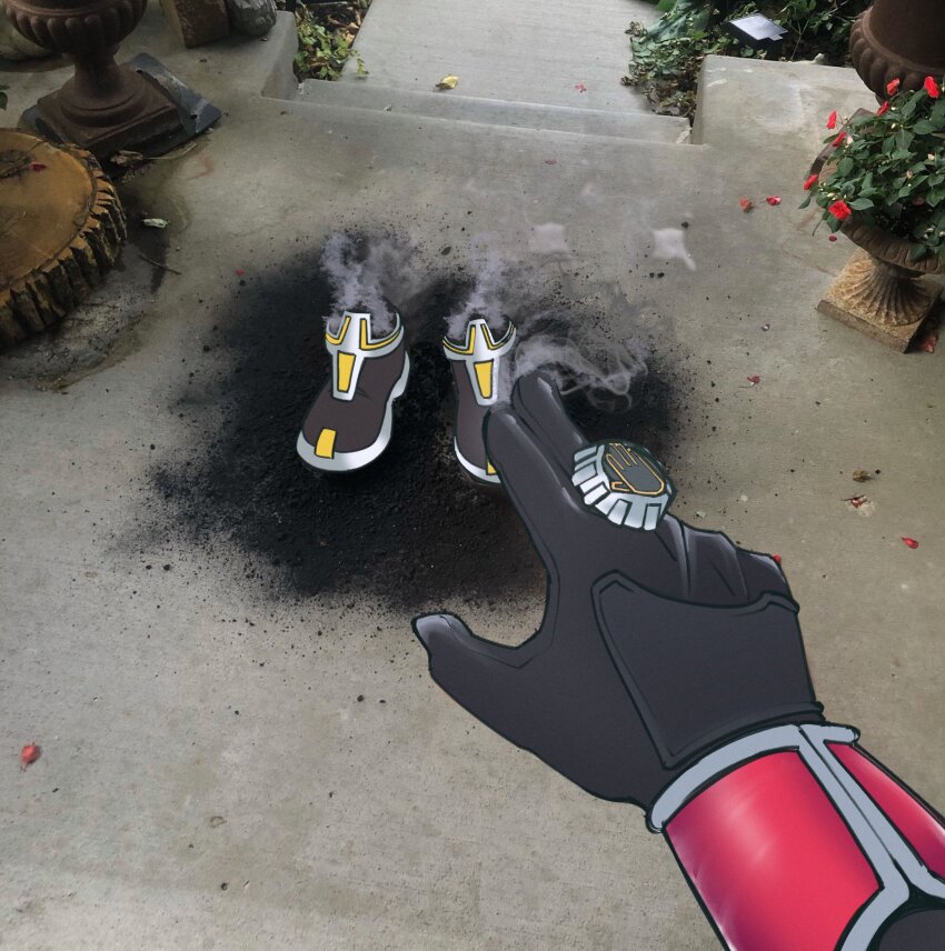 1boy, absurdres, ashes, black_boots, black_gloves, boots, bracer, cartoon_logic, commentary, derivative_work, english_commentary, gloves, highres, kamen_rider, kamen_rider_kaixa, kamen_rider_wizard, kamen_rider_wizard_(series), male_focus, meme, meme_request, photo_background, pointing, pov, smoking, tidywire, tokusatsu, wizard_ring