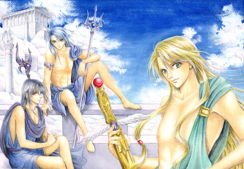 3boys, black_hair, blonde_hair, blue_eyes, blue_hair, blue_sky, cloud, day, greek_mythology, greek_temple, green_eyes, hades_(mythology), kaori_natsuki, long_hair, looking_at_viewer, male_focus, multiple_boys, polearm, poseidon_(mythology), red_eyes, sky, smile, spear, temple, topless_male, traditional_media, trident, weapon, zeus_(mythology)