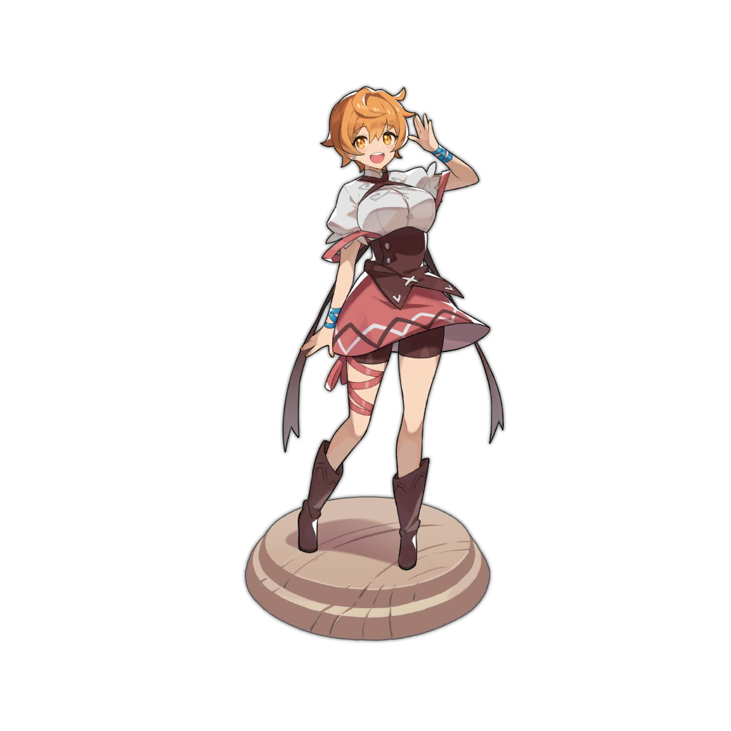 1girl, becky_(dragalia_lost), boots, breasts, brown_boots, brown_shorts, corset, dragalia_lost, large_breasts, official_art, open_mouth, orange_eyes, orange_hair, pink_skirt, shorts, skirt, solo