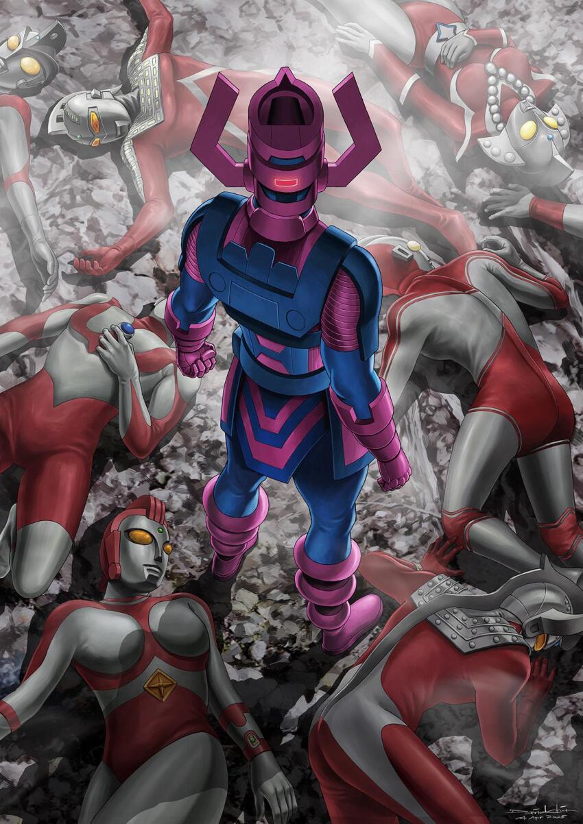 2girls, 6+boys, alien, armor, artist_name, ass, belt_buckle, blue_armor