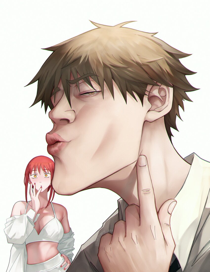 1boy, 1girl, :o, absurdres, blush, bra, chainsaw_man, chiseled_face, denji_(chainsaw_man), hand_on_own_hip, highres, inkspirate, jacket, looking_at_viewer, makima_(chainsaw_man), male_focus, meme, mewing_(meme), necktie, open_clothes, open_jacket, pointing, puckered_lips, red_hair, red_nails, shirt, tagme, underwear, white_bra, white_jacket, white_shirt