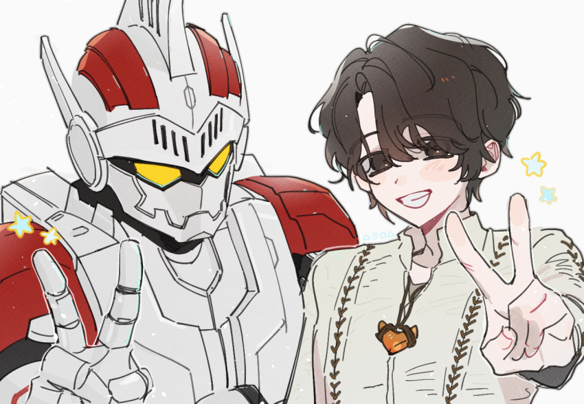 2boys, :d, armor, black_eyes, black_hair, blush, collar, collarbone