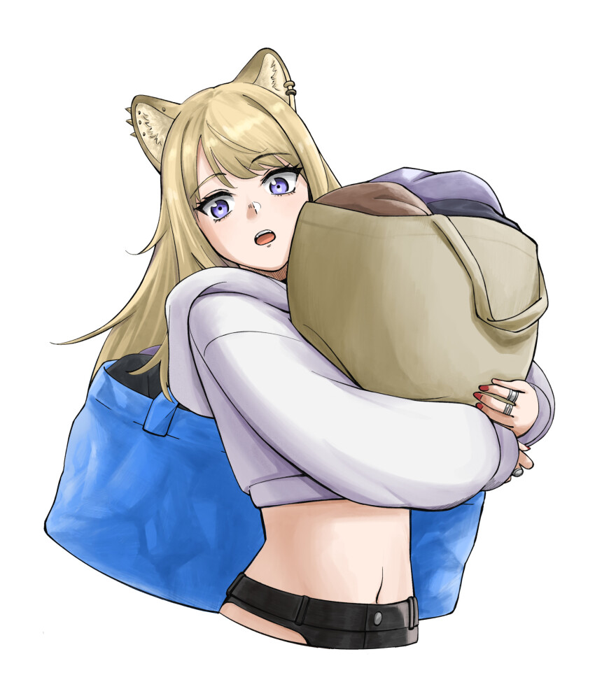 1girl, animal_ear_fluff, animal_ear_piercing, animal_ears, asymmetrical_clothes, bag, black_shorts, blonde_hair