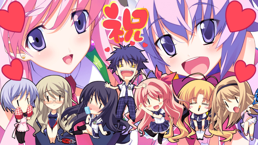 1boy, 6+girls, =_=, animal_collar, antenna_hair, aoi_sena, arm_garter, arm_support